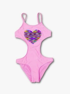 Swimwear for Girls Pink One Piece with Beautiful Sequin Heart Design Sz.7-8Y